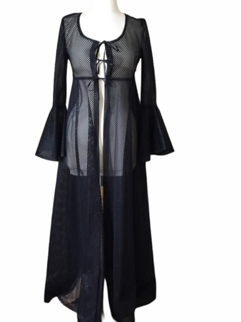 Small Red Balls on Fire Black Gothic Mesh Duster robe sexy jacket overcoat punk